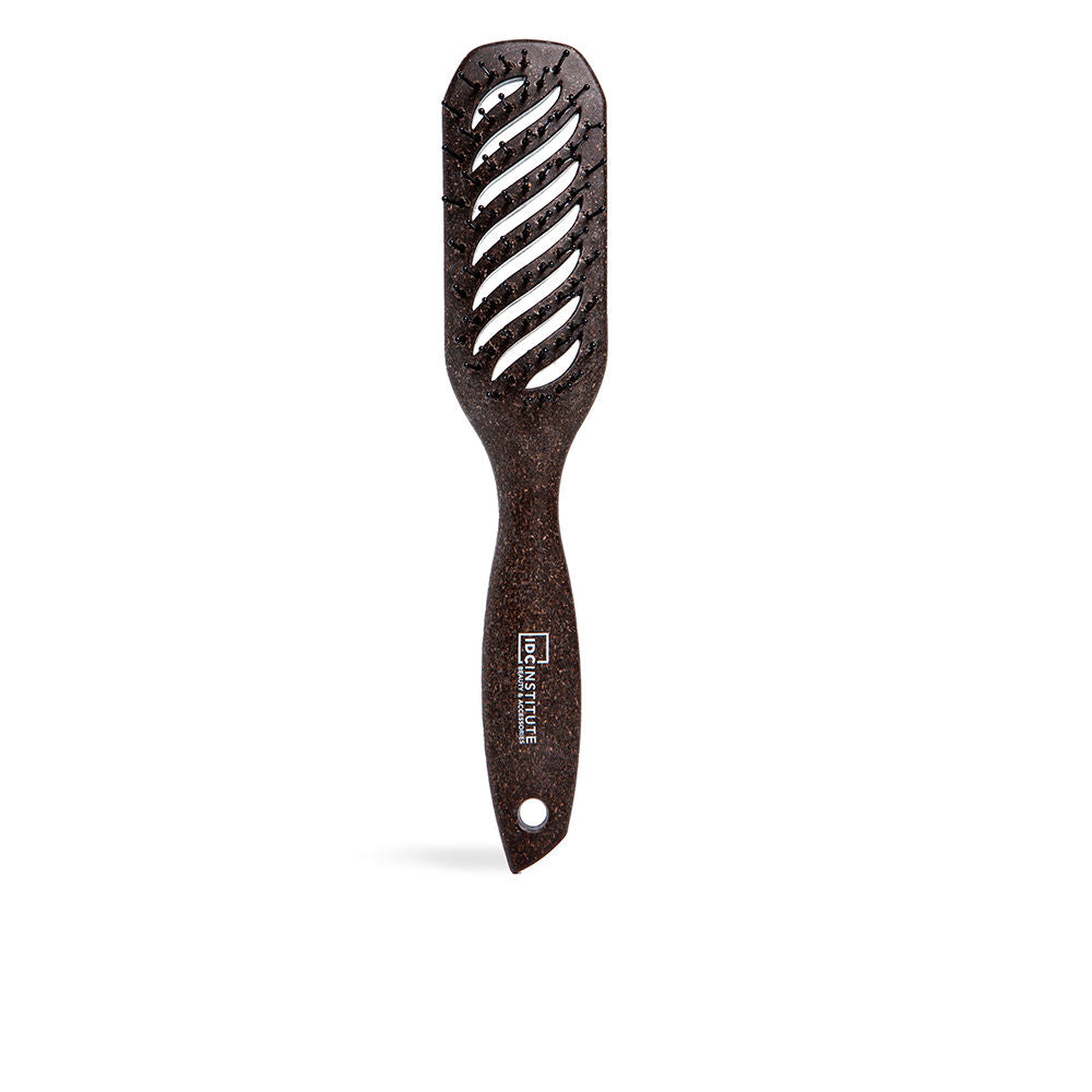 Ventilated hair brush made from recycled coffee grounds, open‑vent design, flexible bristles
