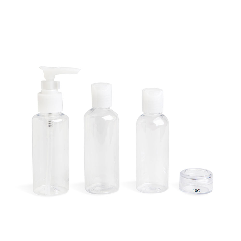 IDC Institute Transparent plastic travel toiletry bottle set with white caps, pumps, flip-tops, and small screw jar