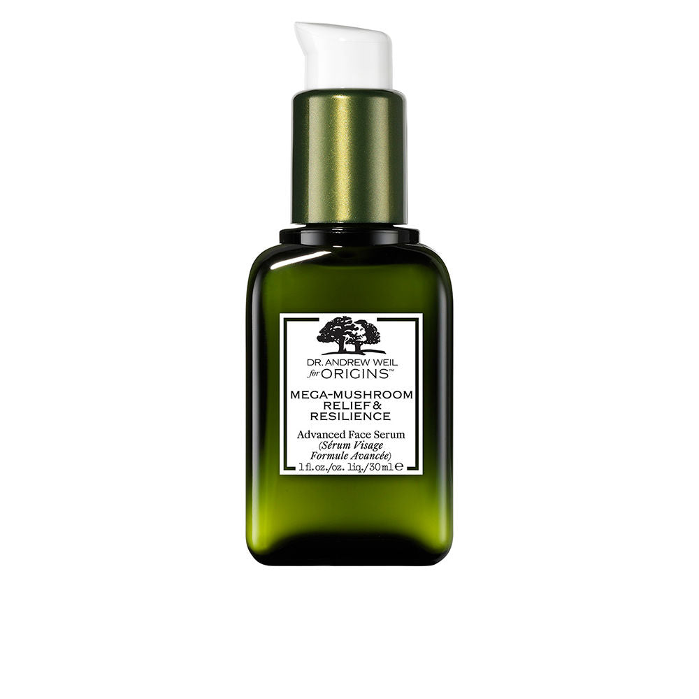 Glass dropper bottle of calming mushroom face serum, 30 ml, botanical oil blend