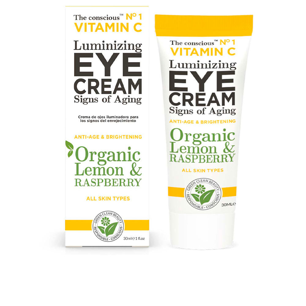 30 ml jar of Vitamin C eye cream, pale cream texture, recyclable packaging