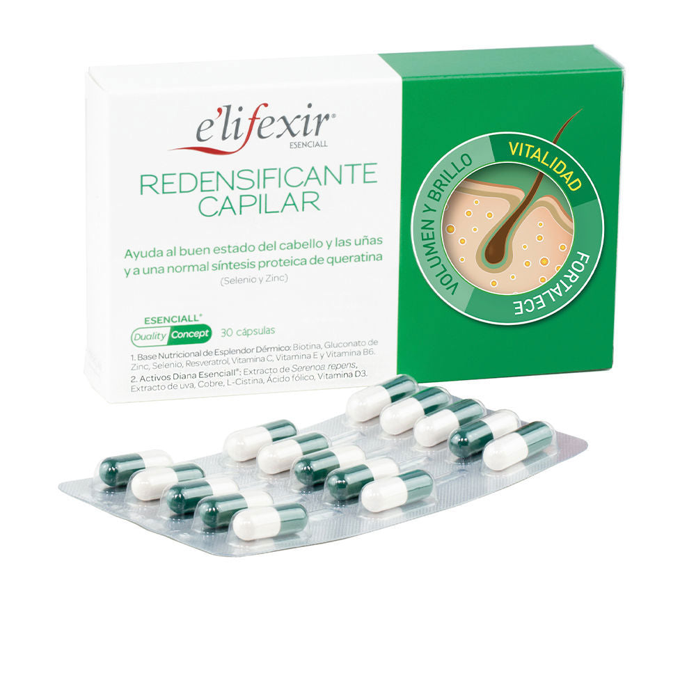 Bottle of 30 vegetarian hair-strengthening capsules, supplement box and capsules visible