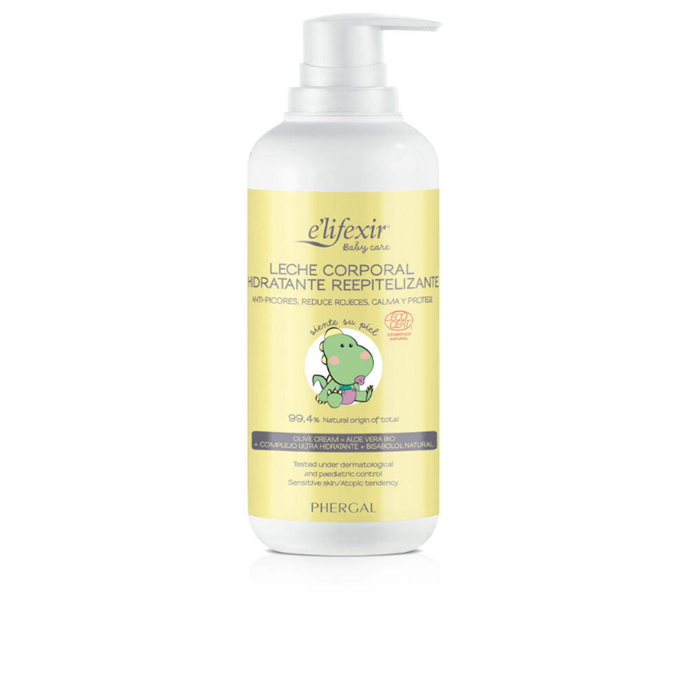 Bottle of E'lifexir Baby Body Milk with soothing botanicals on neutral background