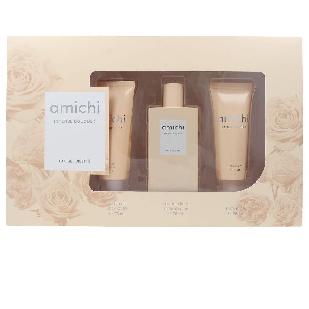 Bottle of Amichi Intense Bouquet eau de parfum with floral notes and woody vanilla base