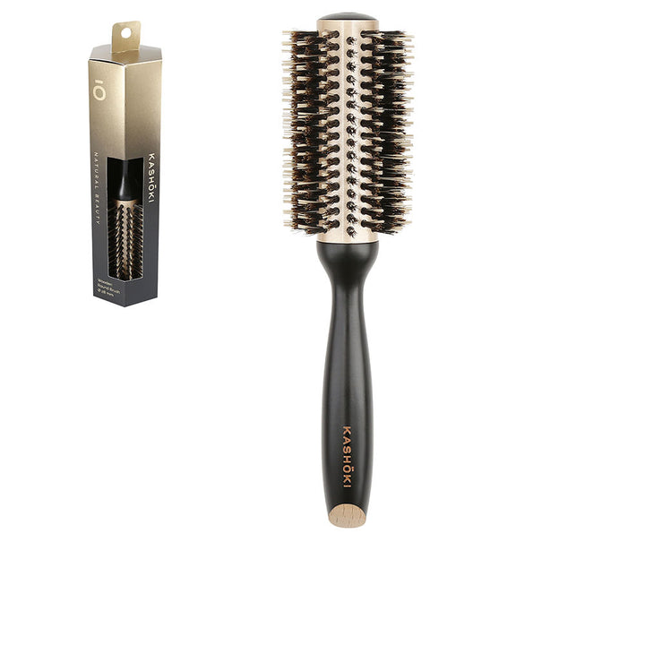 28 mm wooden round thermal brush with boar and nylon bristles, ceramic barrel