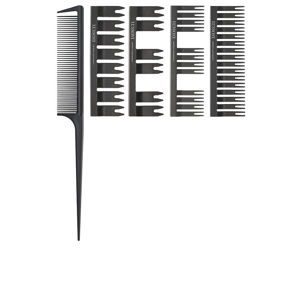 Five-piece tail comb set with fine teeth and interchangeable sectioning tools