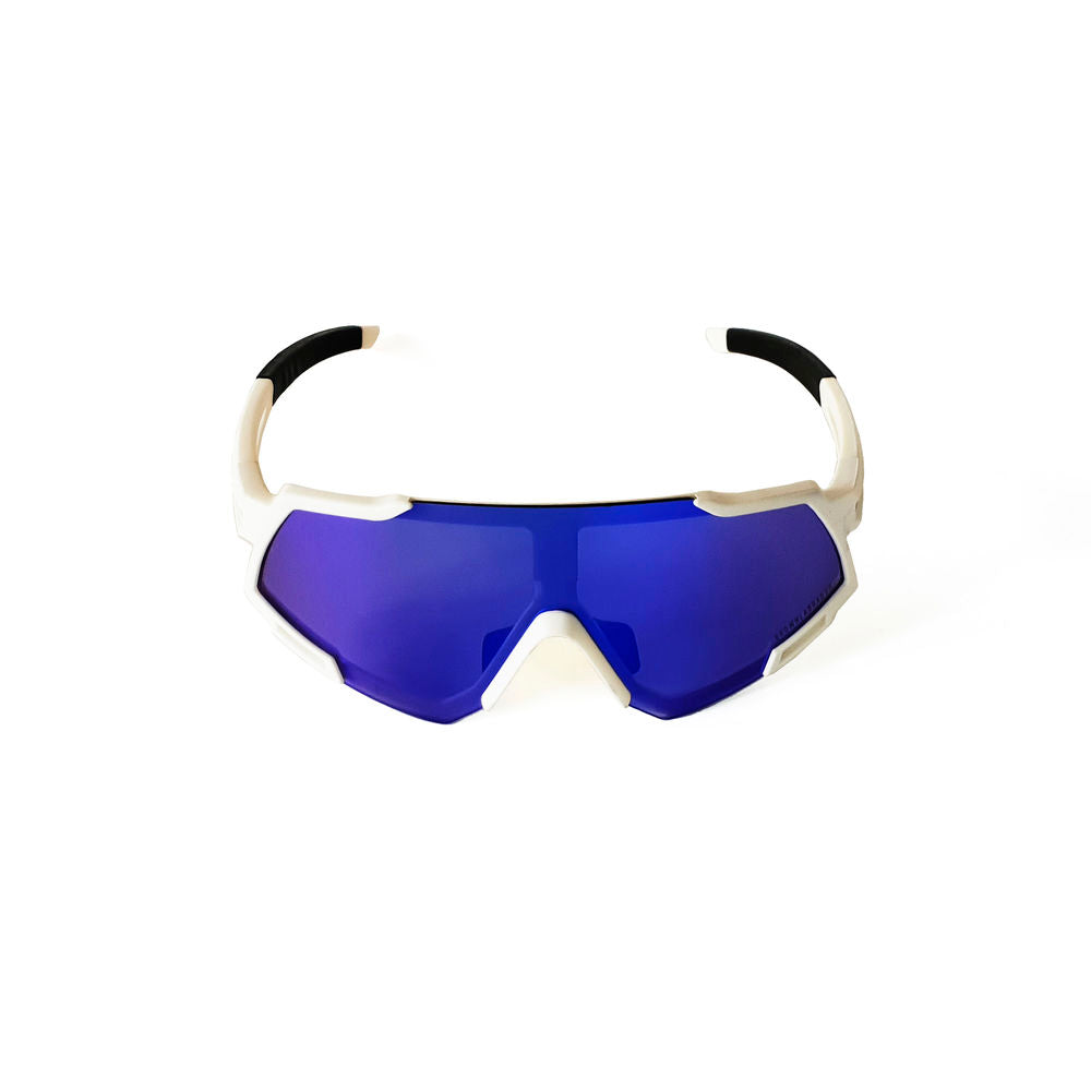 White and blue TR90 sports sunglasses with six interchangeable lenses and rigid case