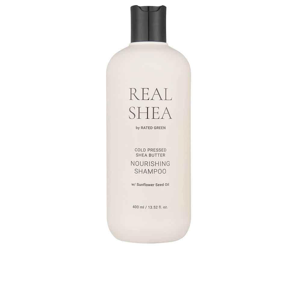 400 ml bottle of nourishing shampoo with shea butter and sunflower oil, for dry damaged hair