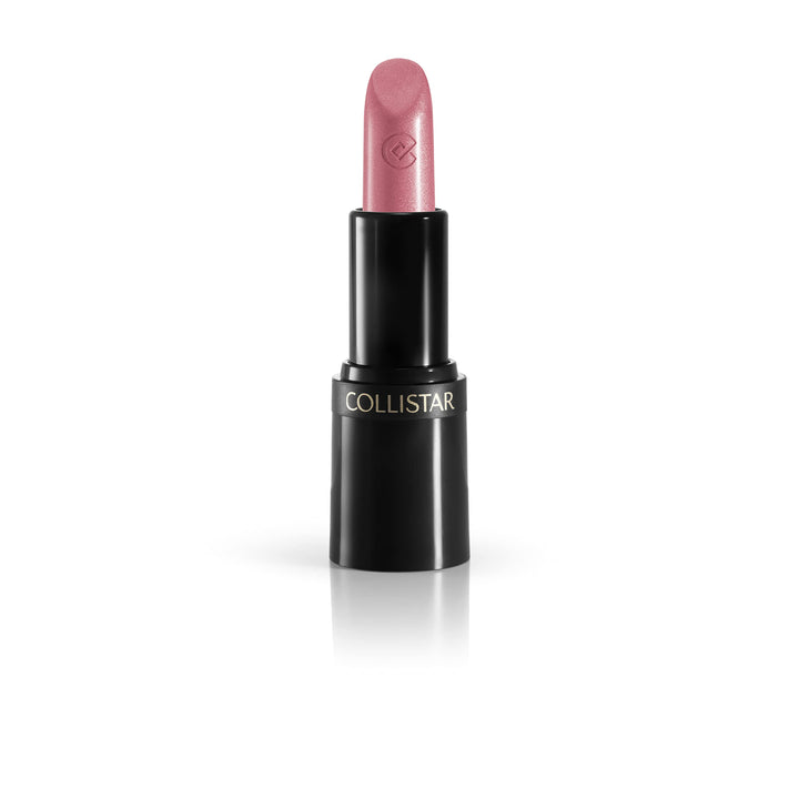 Slim black recyclable lipstick tube; creamy pink metallic shade, precise tip, 3.5 g