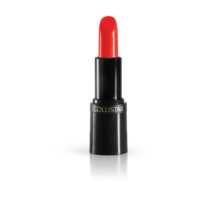 Creamy mandarin lipstick in black recycled case, angled applicator visible