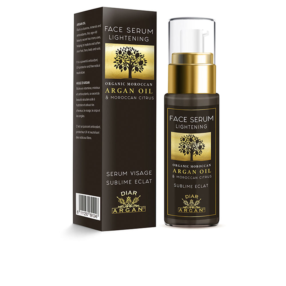 30 ml amber bottle of argan and citrus face serum, dry‑oil texture