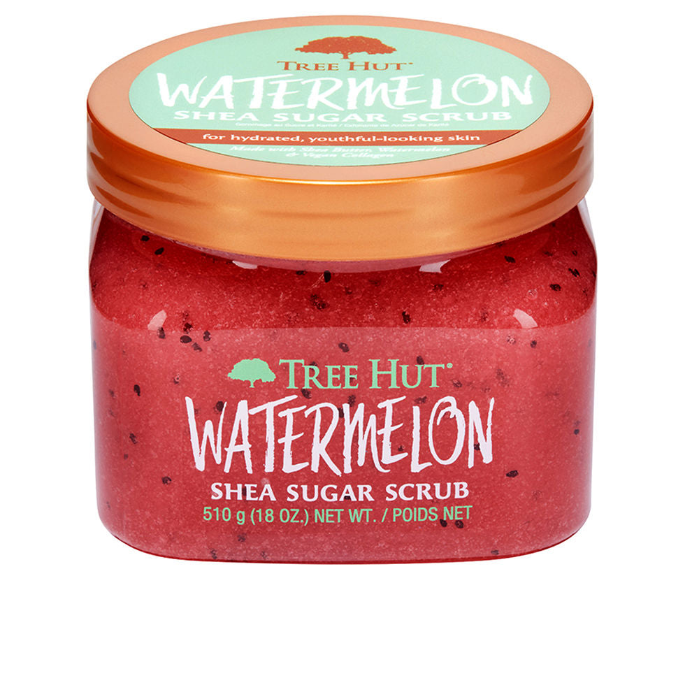 Jar of watermelon sugar body scrub with pink granules and natural oils, 510 g