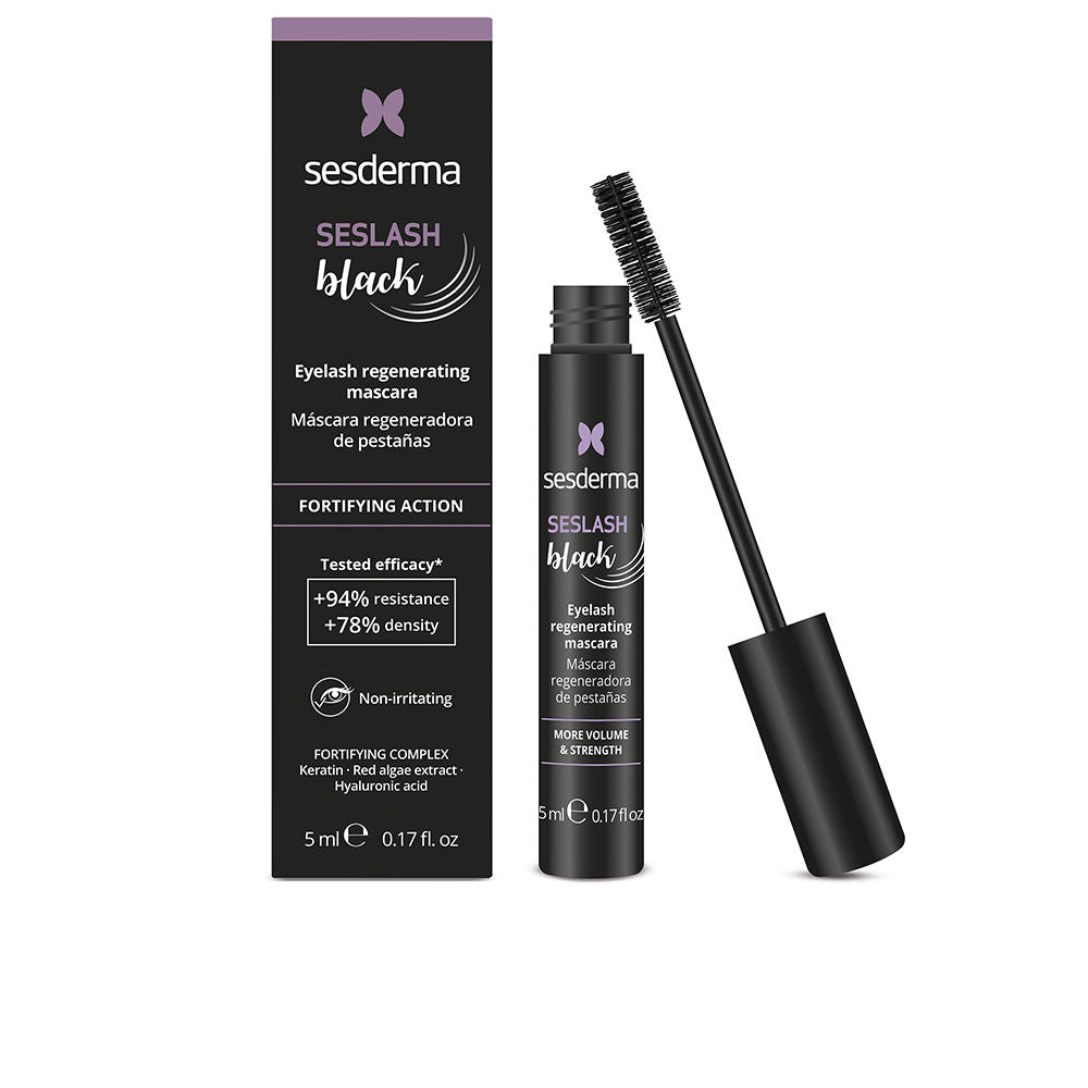 Black 5 ml regenerating mascara tube and wand; tinted volumising formula