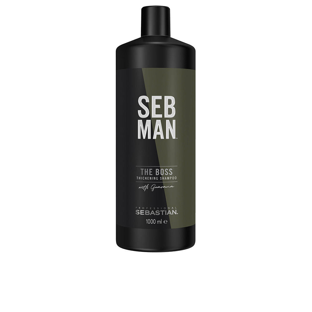 Tall 1,000 ml bottle of invigorating guaraná thickening shampoo for Man