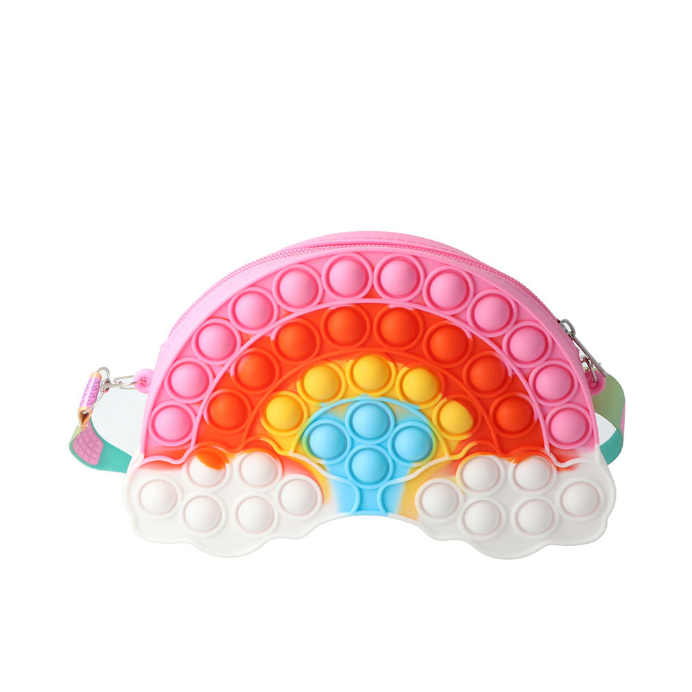 Unisex silicone rainbow Pop‑It crossbody bag, 21×14×3.5 cm, long strap