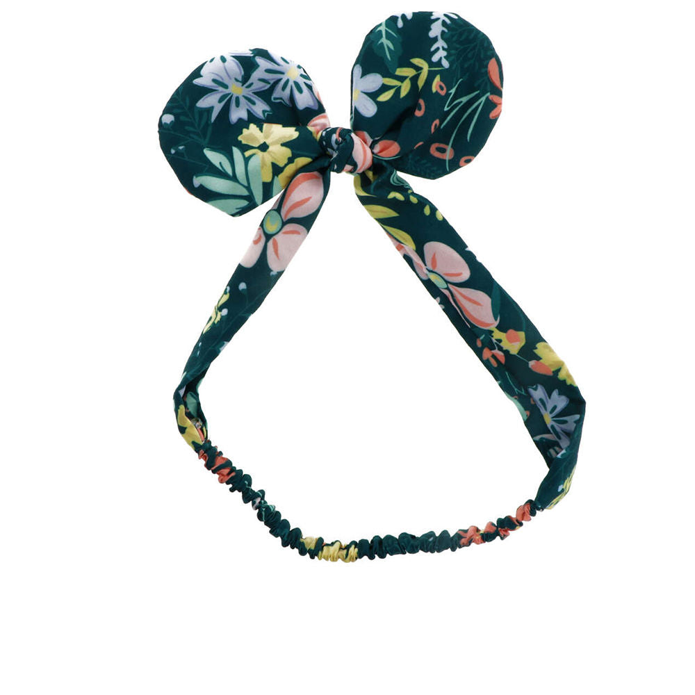 Inca Dark green fabric headband with multicolor floral print, gathered elastic band and centered bow