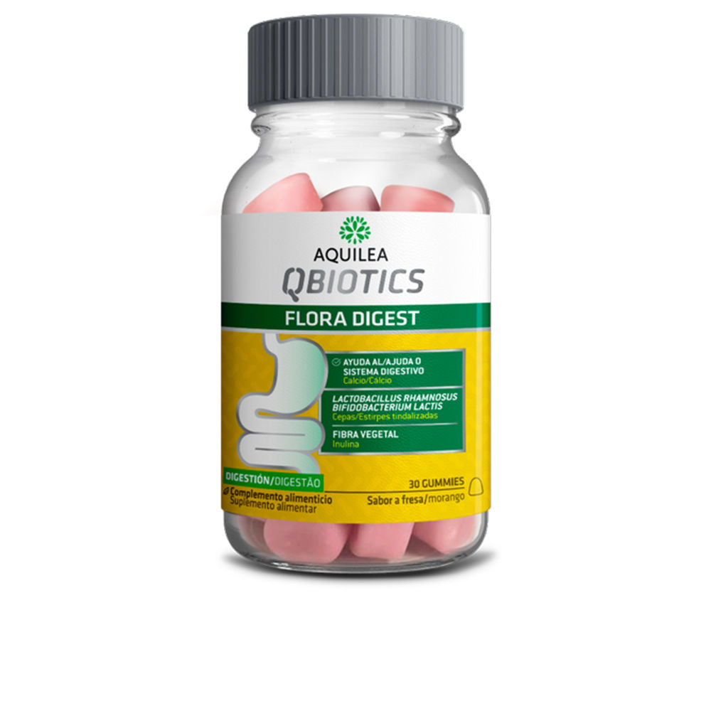 Transparent plastic bottle with pink gummies, gray screw cap, yellow and green label showing digestive graphic — Aquilea