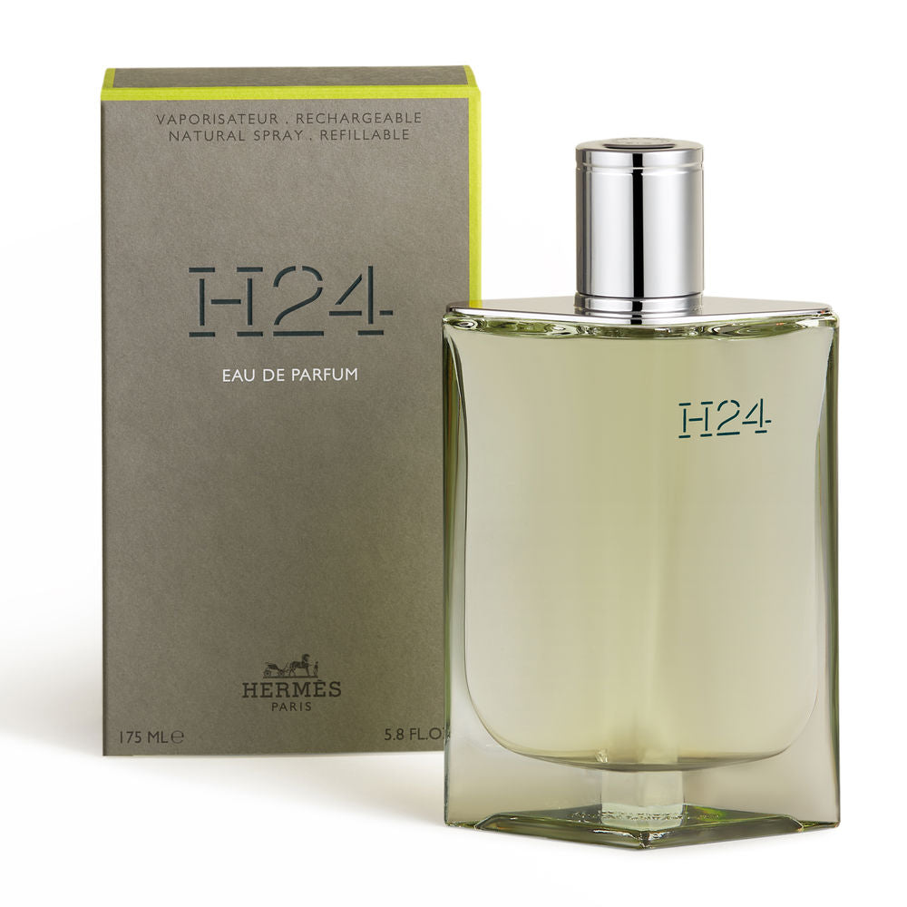 Moss-green lacquered refillable 175 ml perfume bottle with grey recycled-paper case