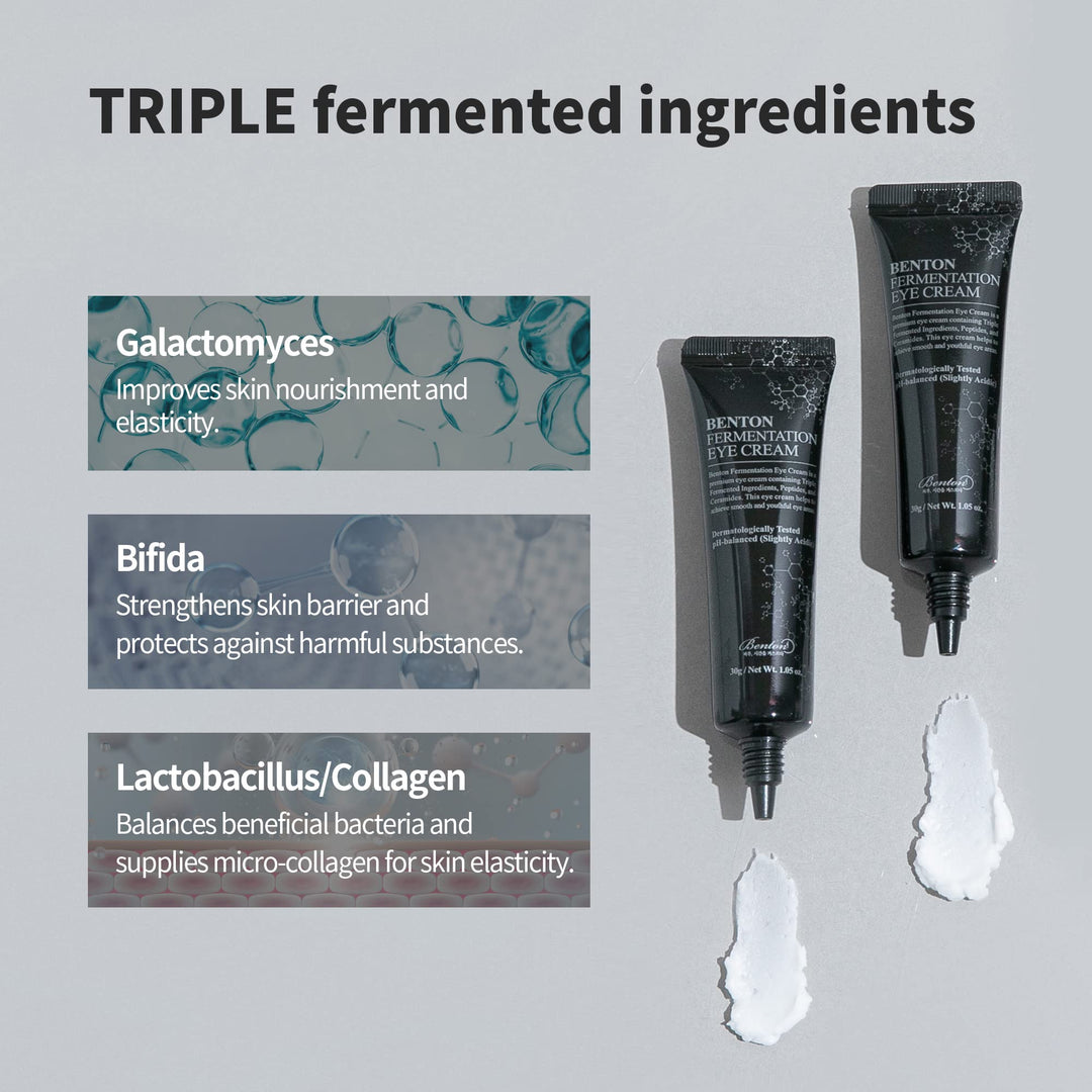 30 ml jar of fermentation eye cream with rich cream texture, peptides and ceramides