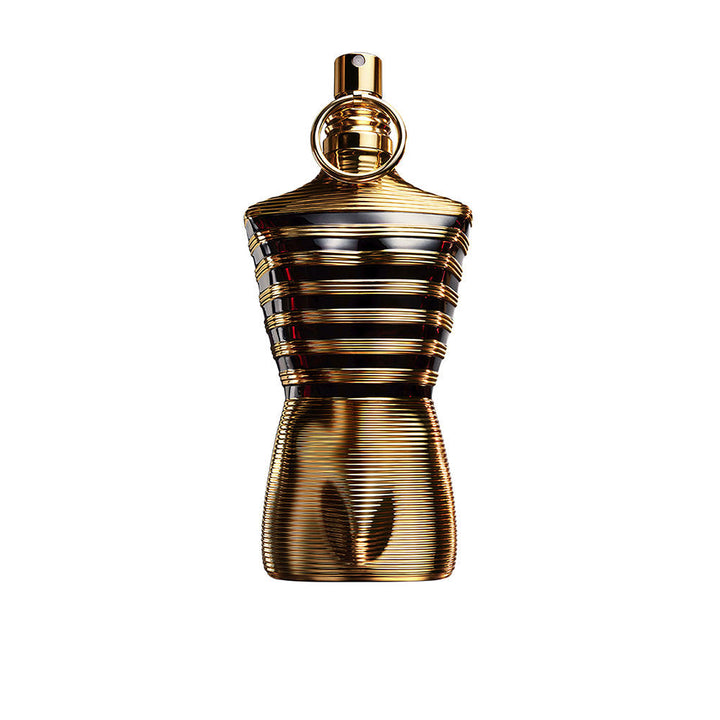 Gold torso-shaped 75 ml eau de parfum bottle; amber-woody fragrance for Man