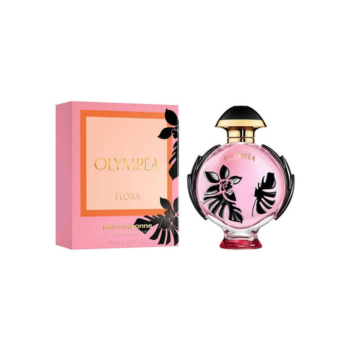 Pink glass floral eau de parfum bottle with gold accents, 80 ml
