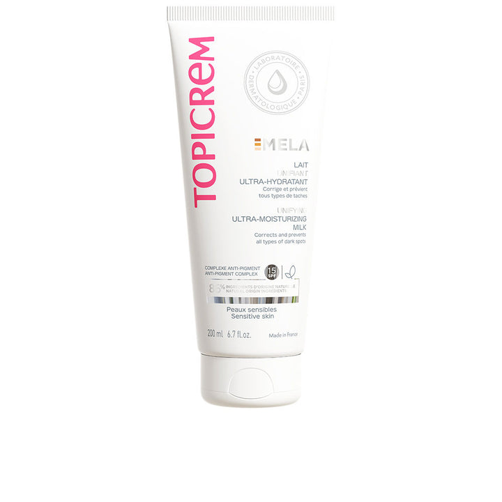 200 ml white bottle of brightening body milk with SPF15, unisex skincare