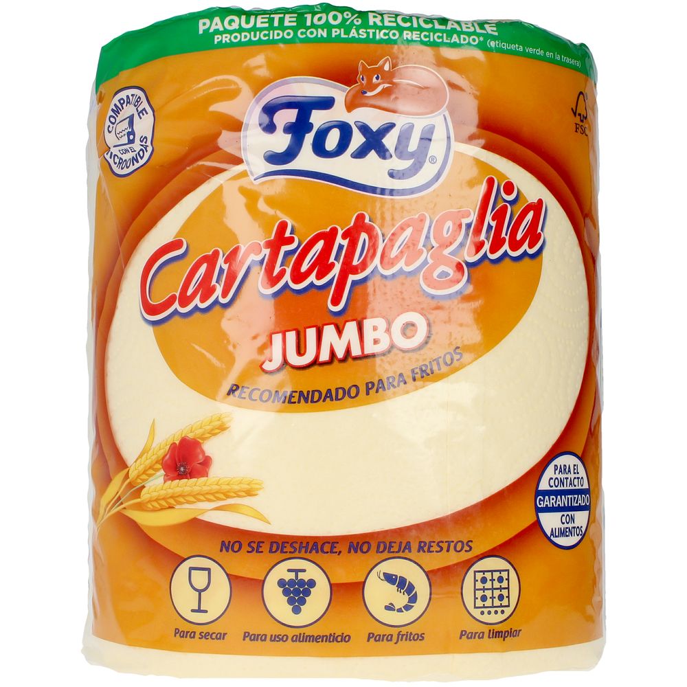 Foxy Roll of jumbo cooking paper in orange, green and white paper with visible texture and core