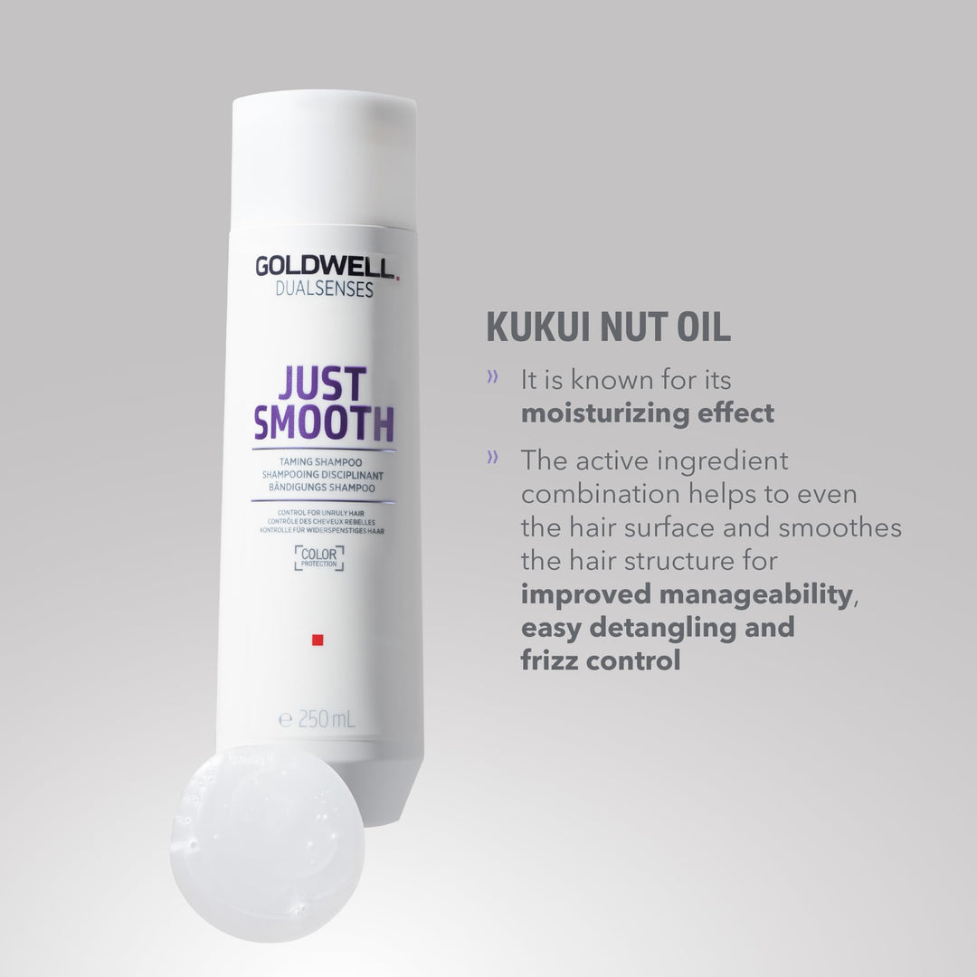 1,000 ml amber shampoo bottle labelled Just Smooth, smoothing shampoo
