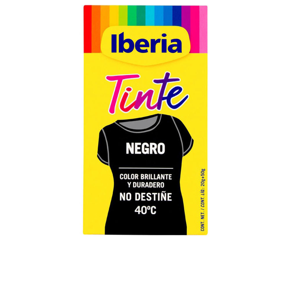 Jar of Iberia 40º black clothing dye beside a freshly dyed black garment