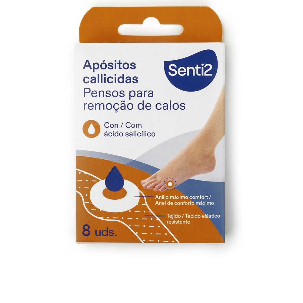 Senti2 rectangular white, orange, and blue box of corn removal pads showing foot illustration, drop icon, multilingual text, and top cut-out handle.