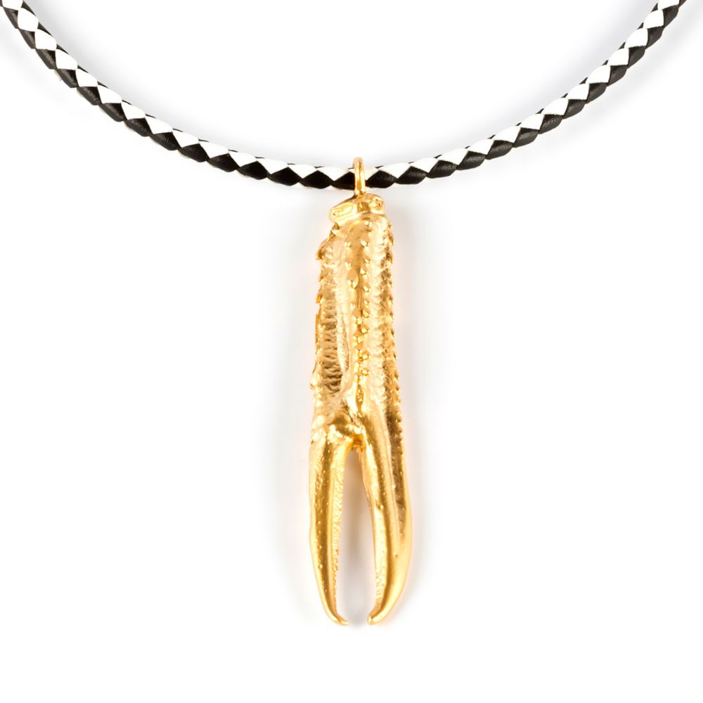 Bicolour braided leather necklace with gold‑finish 10cm lobster pendant on adjustable chain