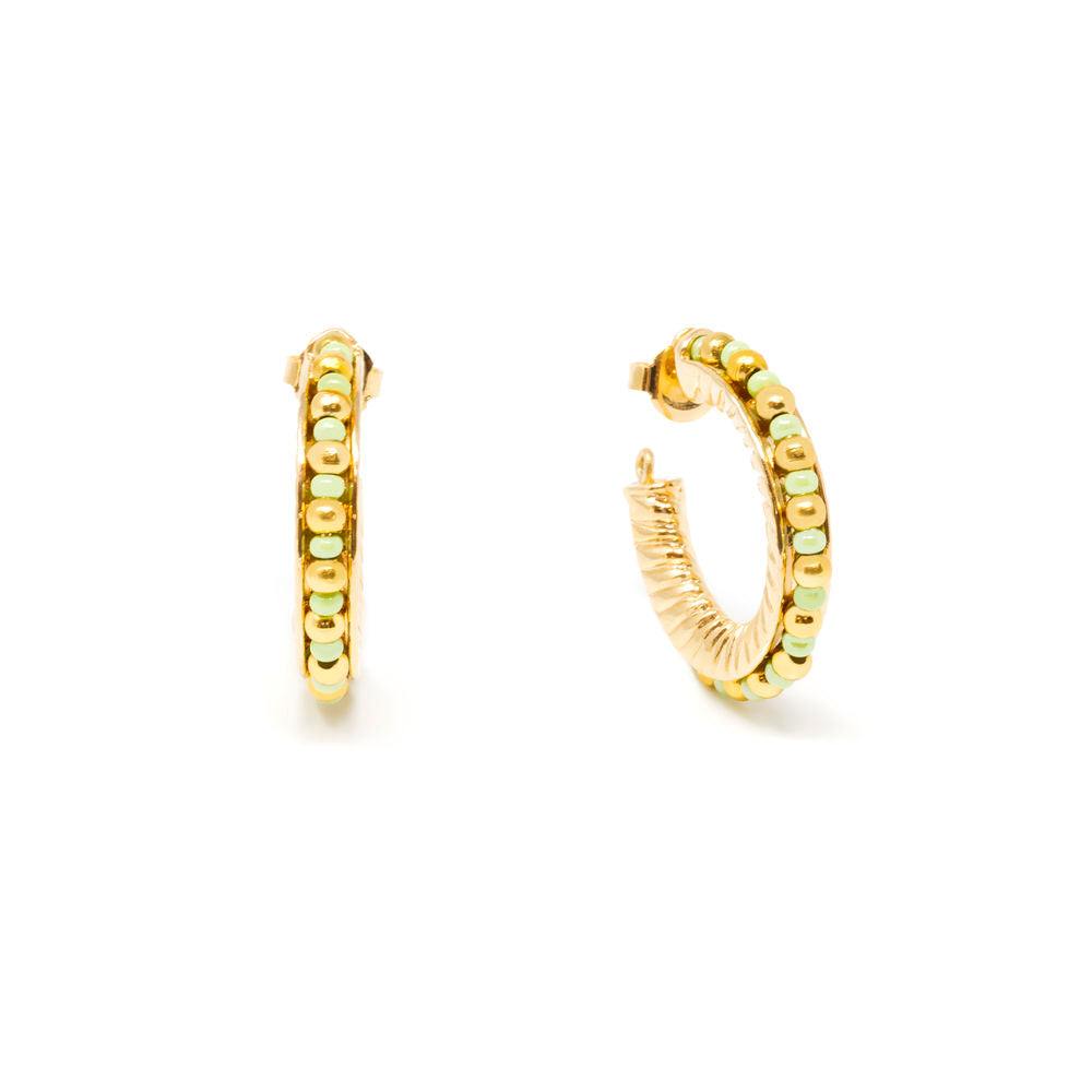2 cm gold-tone hoop earrings with alternating green and gold beads, pair on white background