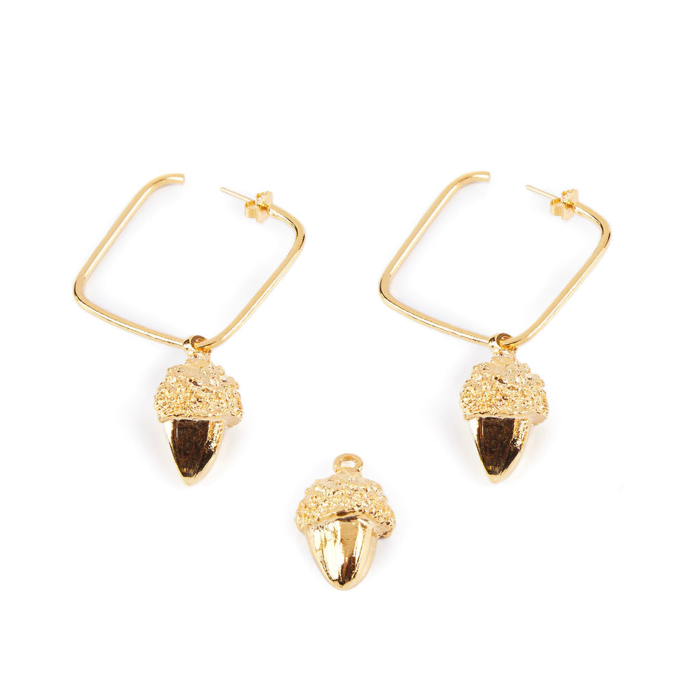Bright gold polished square earrings with detachable textured acorn drops, 3 cm and 2 cm