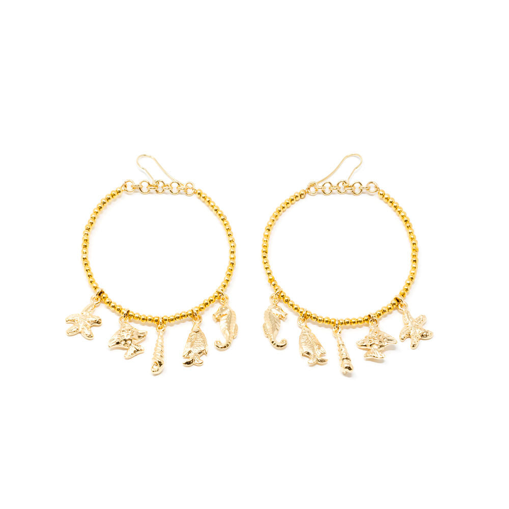 6 cm gold-plated hoop earrings with five 2 cm marine charms on beaded ring