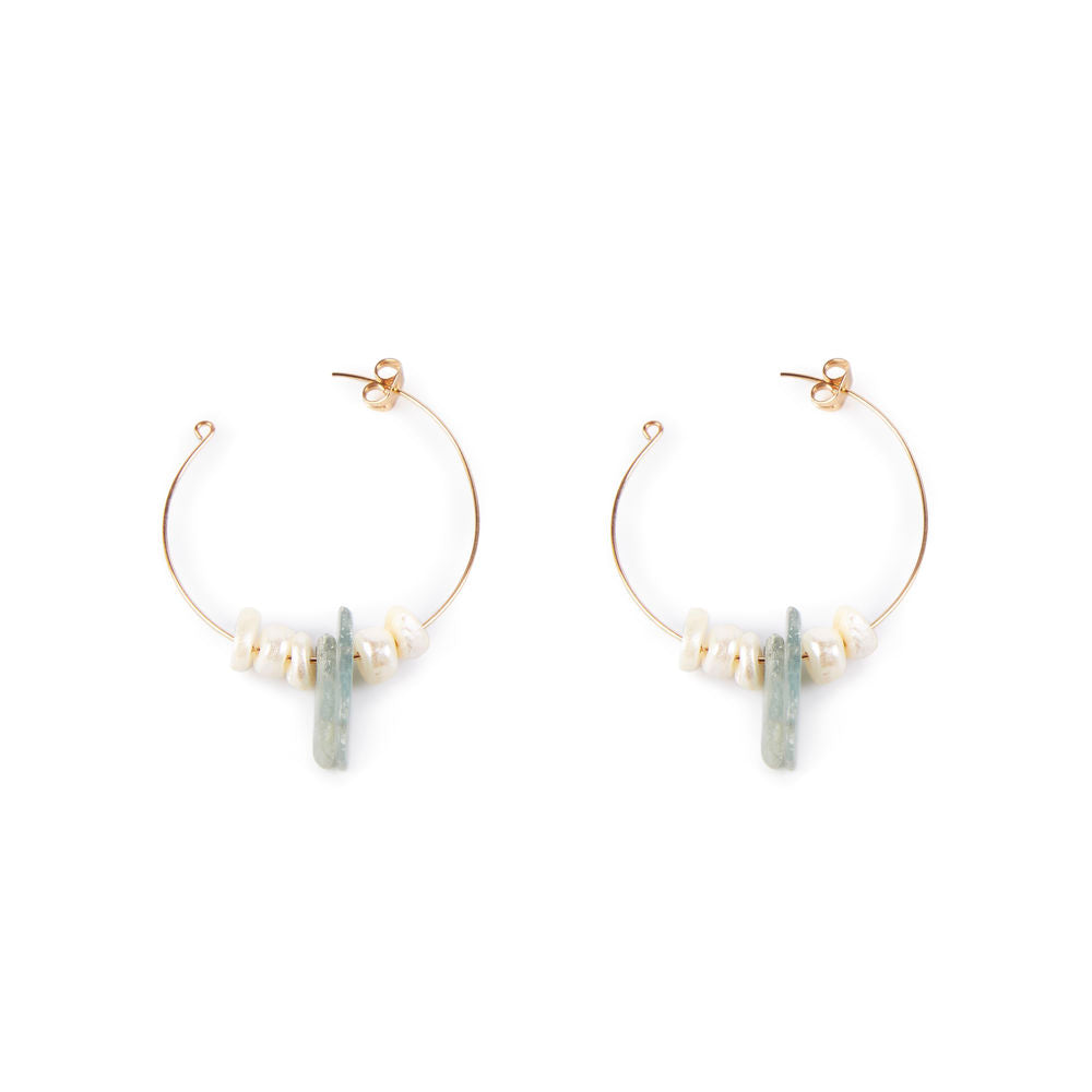 Gold 4 cm hoop earrings with river pearl cluster and two blue stones