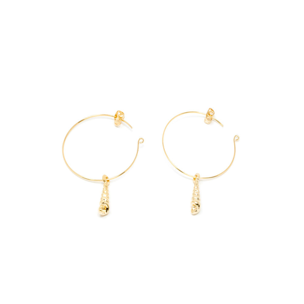 Gold-plated slim hoop earrings with 2 cm dangling shell charm, pair for Women