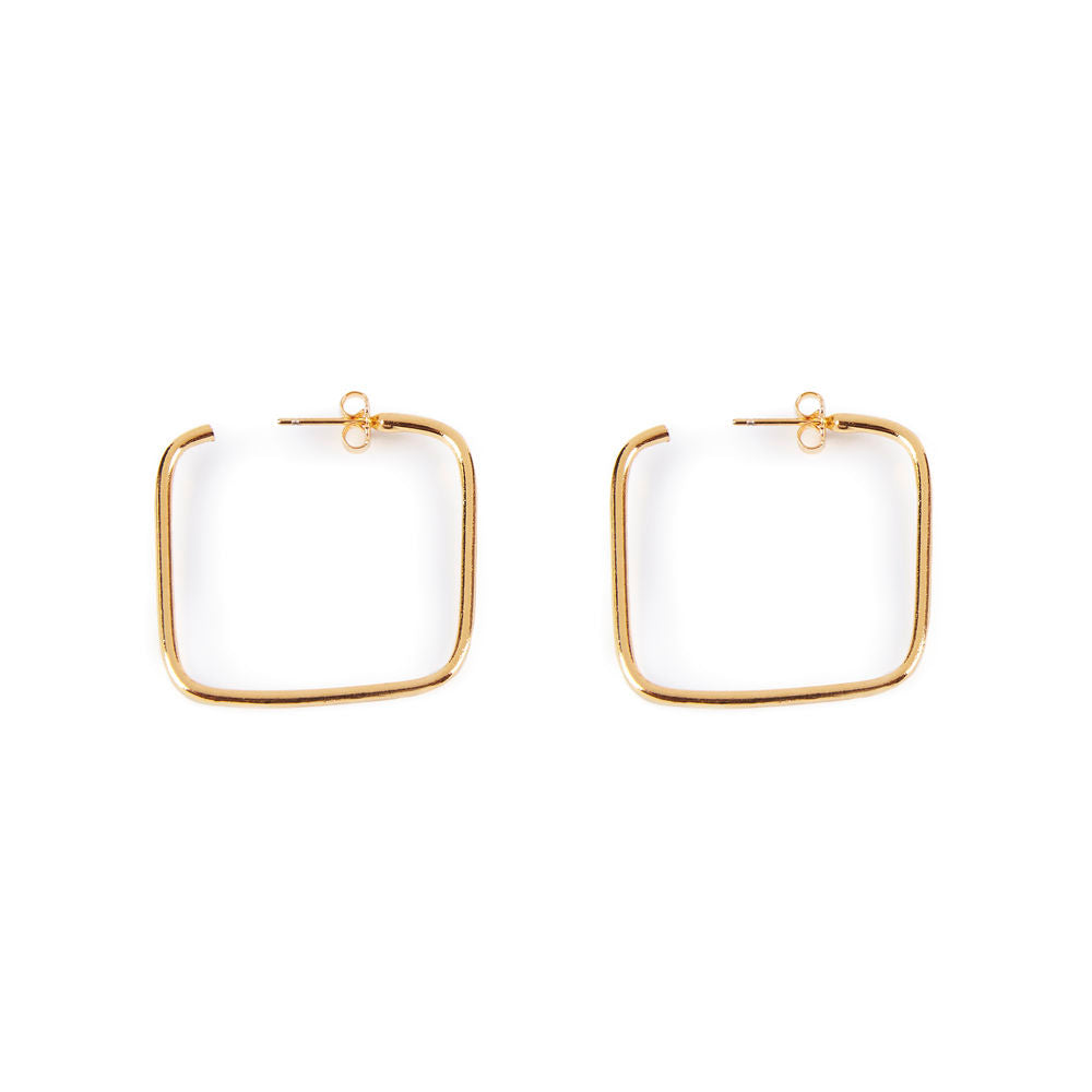 Bright gold-plated square earrings, 3 cm sides, post-back