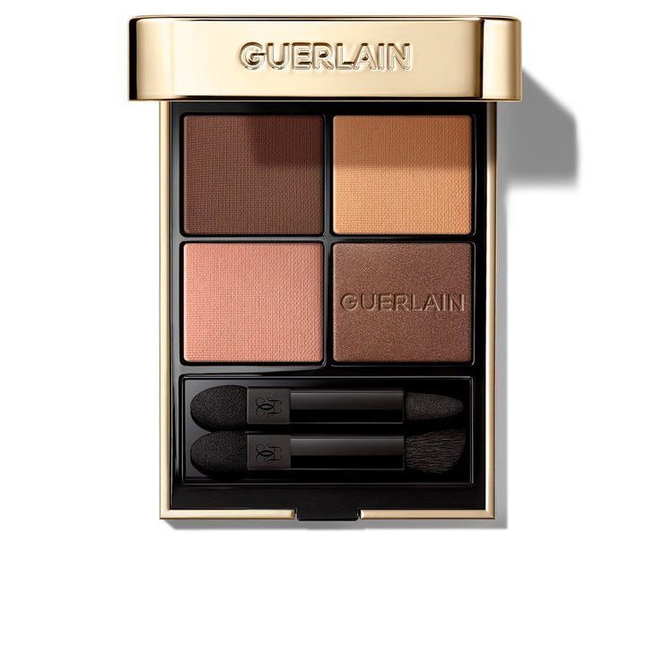 Compact jewelled eyeshadow palette, four finishes, black velvet sleeve, dual applicators