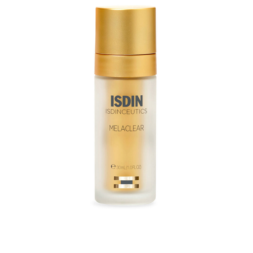 30 ml cosmetic bottle of brightening serum with pump, amber liquid visible
