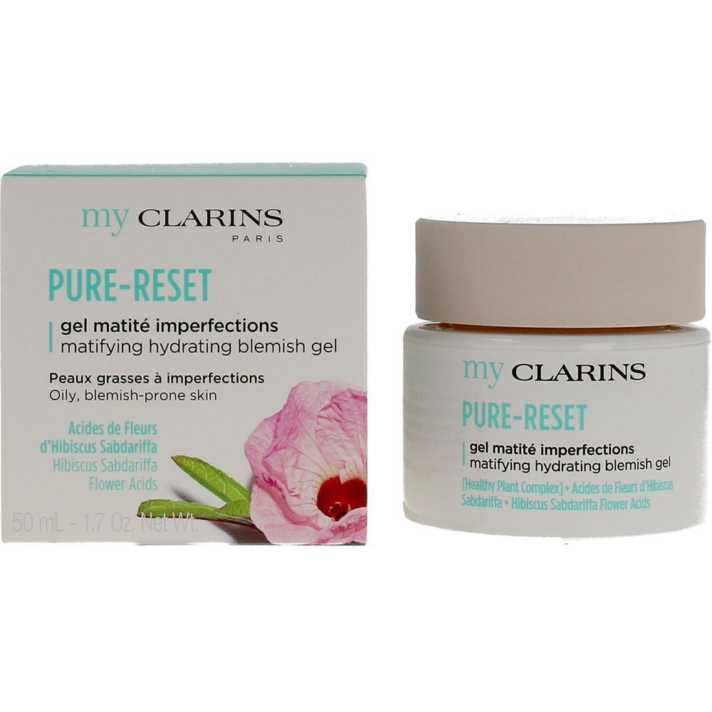 Clarins Small matte-lidded plastic jar and matching box, white gel visible, pastel turquoise and pink accents