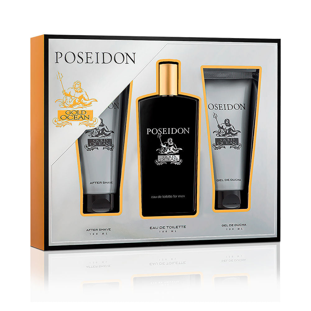 Bottle of Poseidon Gold Ocean men's eau de toilette on neutral background