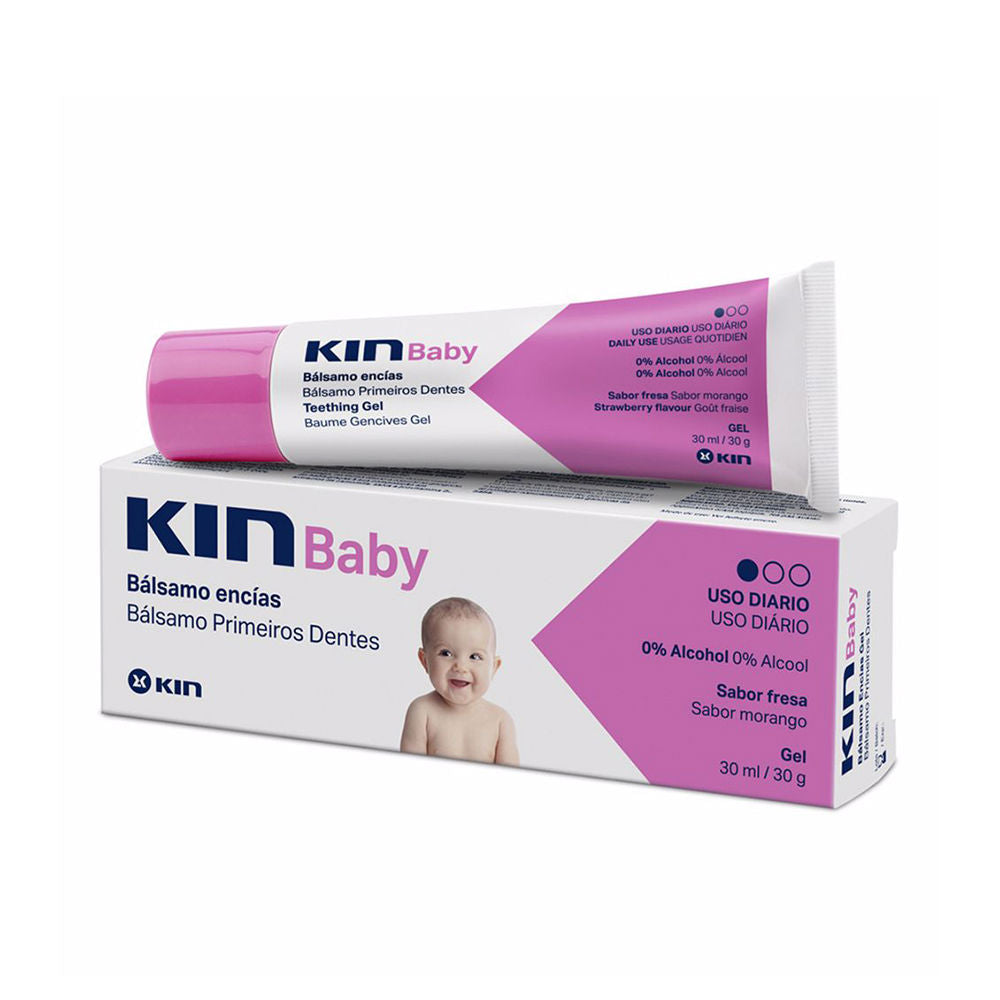 Small tube of Kin Baby Teething Gel with strawberry-flavored balm for soothing gums