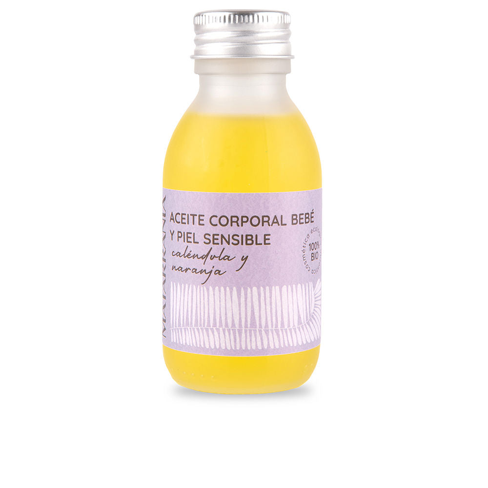 Matarrania minimalist yellow and purple plastic body oil bottle with silver metal screw cap and label