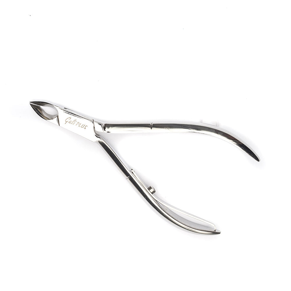Stainless steel cuticle nipper with curved jaws and spring handle, single tool on white