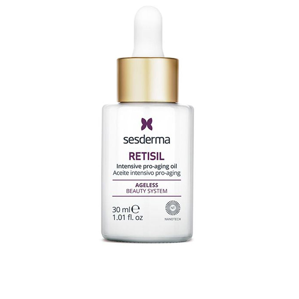 30 ml amber bottle of intensive facial oil with dropper, labelled for Women, pro‑age