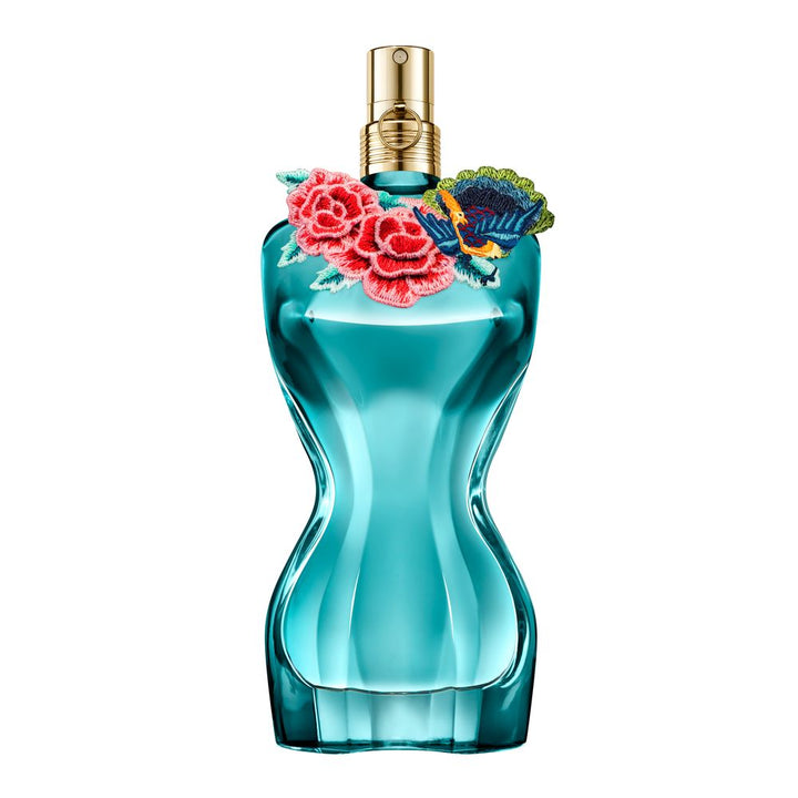 Deep-blue sculptural perfume bottle with embroidered floral collar, 100 ml