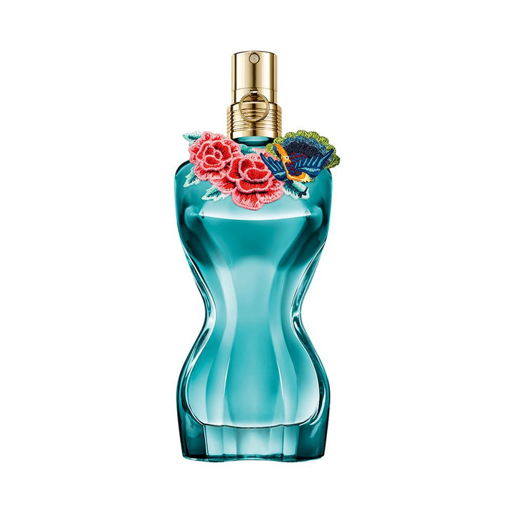 Deep blue sculpted perfume bottle with embroidered floral collar, 50 ml.