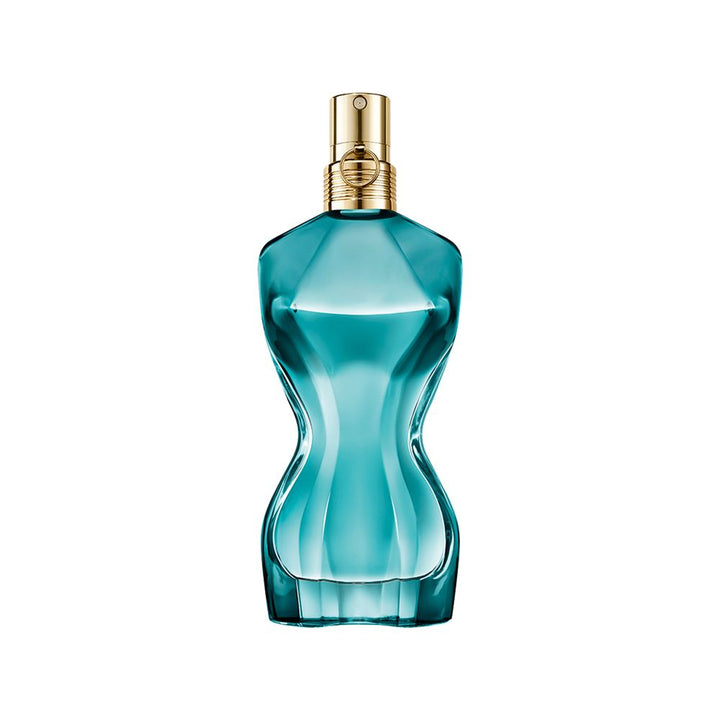Deep-blue sculptural perfume bottle with embroidered floral collar, 30 ml
