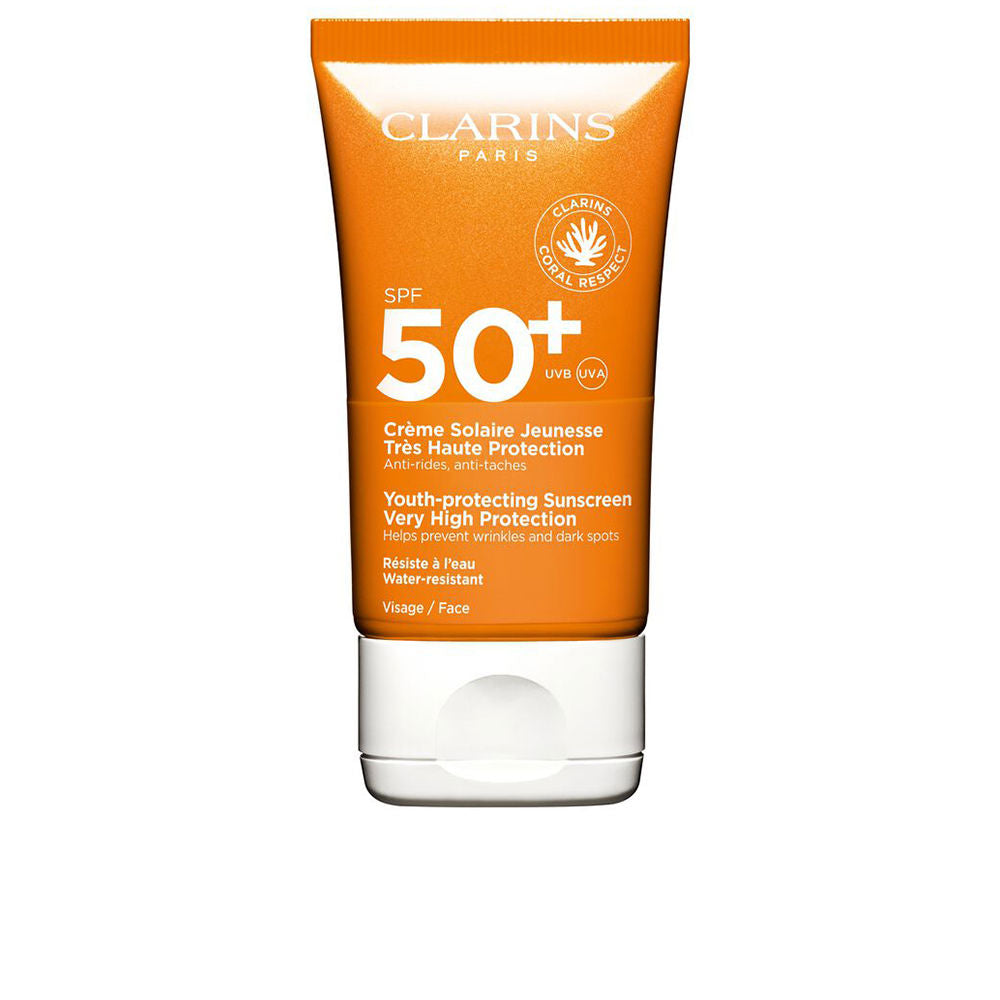 Clarins Solar dry-touch facial cream in tube, high-protection SPF 50+