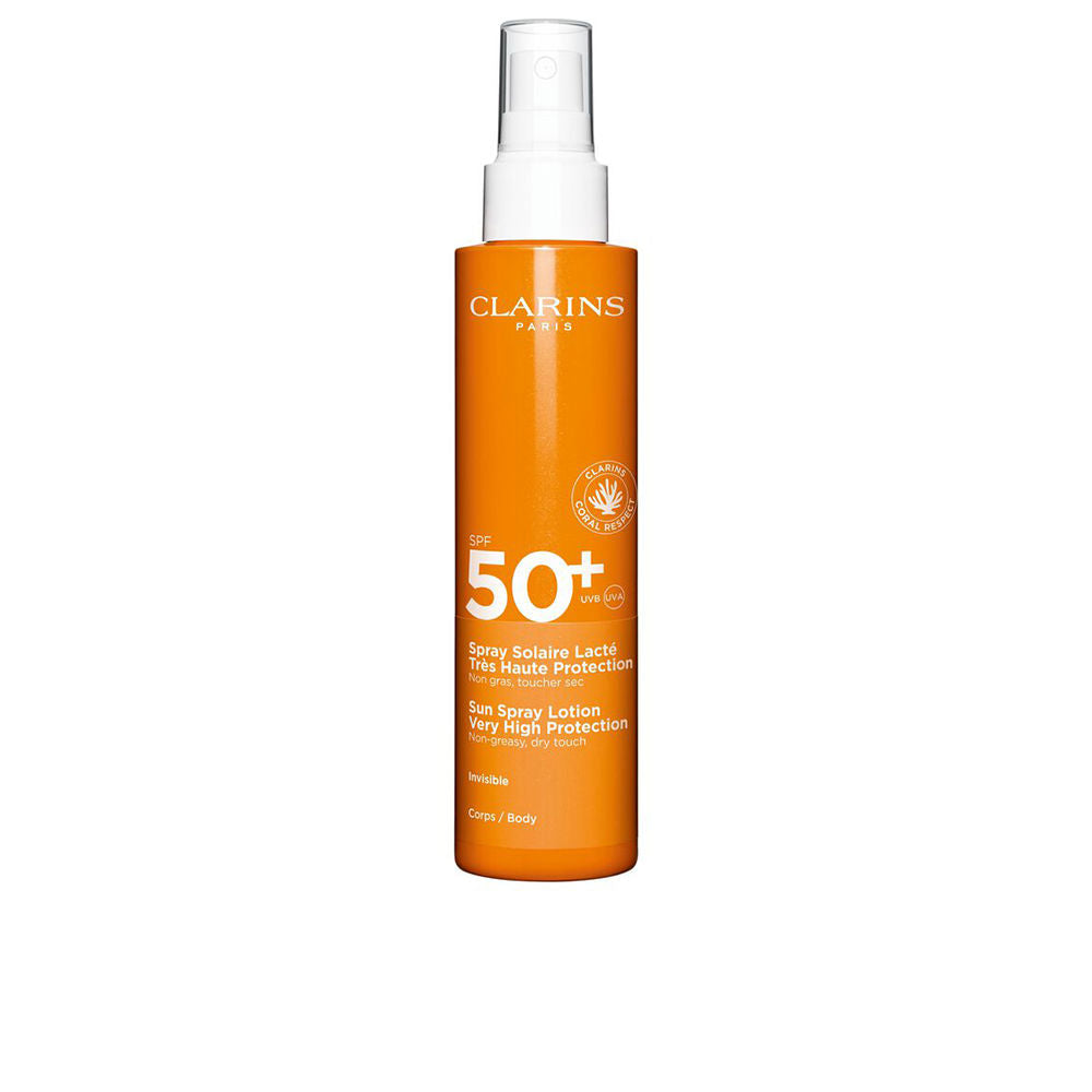 Clarins SPF 50+ moisturizing milk spray in lightweight spray bottle for body