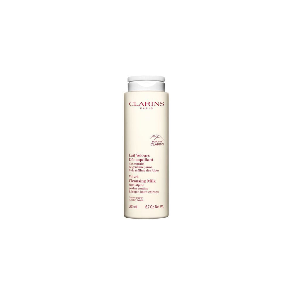 Off-white cylindrical plastic cleansing milk bottle with flip-top cap and red text, Clarins elegant minimalist design